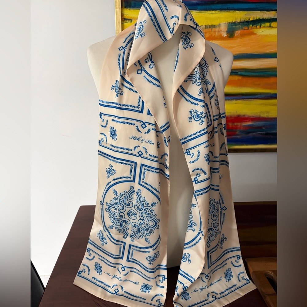 Kith Blue & Ivory Long Printed Deco Double Faced Scarf—Silky Poly Versatile Chic